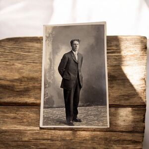 Studio Portrait Young Man Standing Suit Tie Kruxo Divided Back RPPC 1900's Iowa
